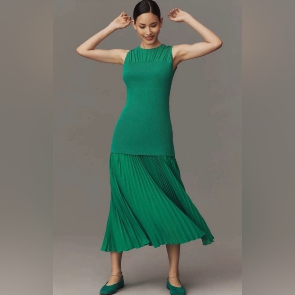 ANTHROPOLOGIE Mare Mare Kelly green Twofer pleated skirt maxi dress NEW SMALL